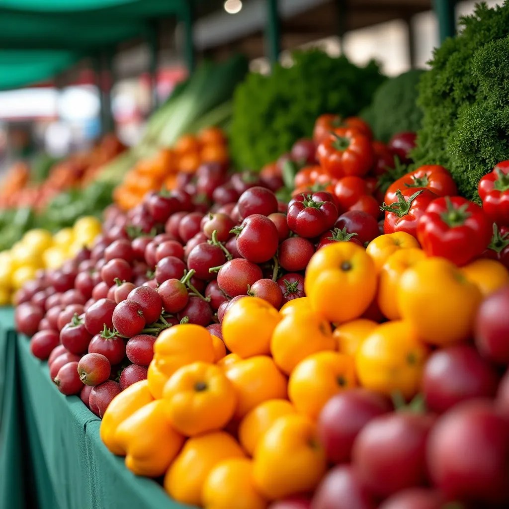 Étal de marché avec des fruits et légumes de saison